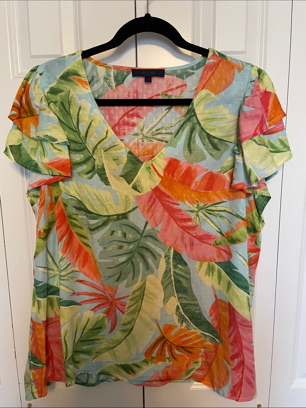 RACHEL Rachel Roy Tropical Leaf Short Sleeve Blouse - Green, Coral, Pink